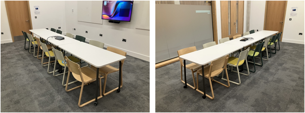 Classroom with tables and chairs.
